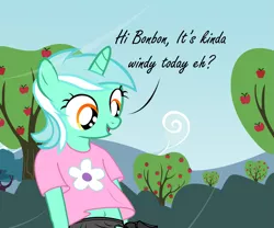 Size: 1615x1343 | Tagged: suggestive, artist:tolpain, derpibooru import, bon bon, lyra heartstrings, sweetie drops, anthro, apple tree, belly button, clothes, cropcon, cropped, dialogue, female, filly lyra, tree, underwear, wind, younger
