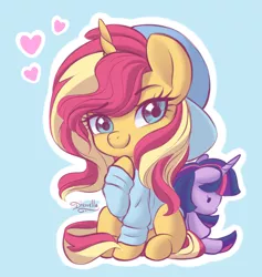 Size: 5600x5900 | Tagged: safe, artist:dressella, derpibooru import, sunset shimmer, twilight sparkle, pony, unicorn, absurd resolution, clothes, cute, female, heart, lesbian, looking at you, shimmerbetes, shipping, sunsetsparkle