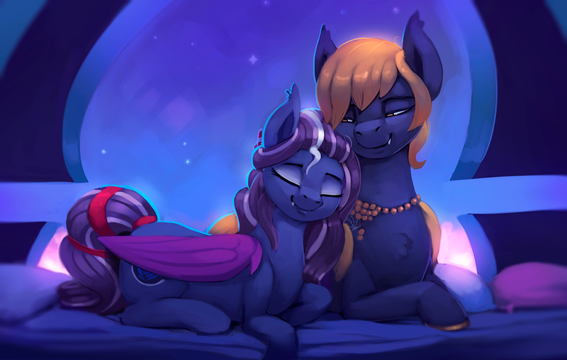 Size: 1000x635 | Tagged: safe, artist:rodrigues404, derpibooru import, oc, oc:indigo rose, oc:rege liliac, unofficial characters only, bat pony, pony, bat pony oc, couple, cuddling, eyes closed, female, indiac, love, male, mare, oc x oc, pillow, shipping, smiling, stallion, stars, straight, window