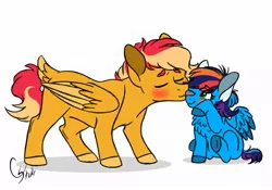 Size: 1024x715 | Tagged: safe, artist:colourstrike, derpibooru import, oc, oc:chrysanthos, oc:glider, unofficial characters only, pegasus, pony, blushing, chest fluff, colt, eyes closed, female, filly, kiss on the cheek, kissing, male, oc x oc, offspring, offspring shipping, one eye closed, parent:big macintosh, parent:fluttershy, parent:rainbow dash, parent:soarin', parents:fluttermac, parents:soarindash, shipping, simple background, straight, tail feathers, white background