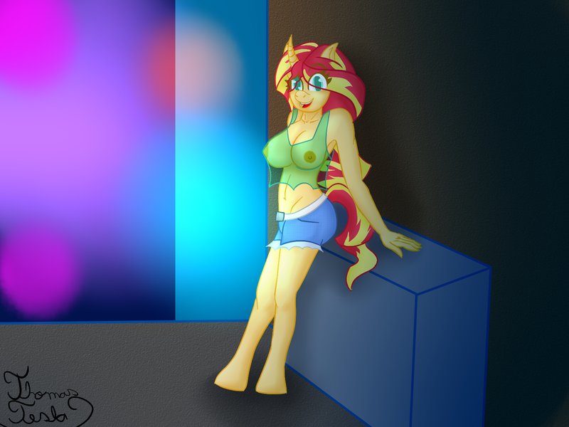 Size: 1600x1200 | Tagged: questionable, artist:thomas tesla, deleted from derpibooru, derpibooru import, sunset shimmer, anthro, unguligrade anthro, unicorn, alleyway, areola, armpits, breasts, clothes, female, horn, nipples, nudity, prostitute, see through blouse, see-through, see-through shirt, slutset shimmer, solo, solo female, transparent mane, whore