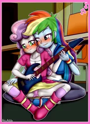 Size: 2550x3510 | Tagged: suggestive, artist:anibaruthecat, derpibooru import, rainbow dash, sweetie belle, equestria girls, blushing, clothes, frilly underwear, guitar, panties, pink underwear, shipping, skirt, sweetiedash, underwear, upskirt