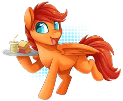 Size: 1024x842 | Tagged: safe, artist:sacredroses-art, derpibooru import, oc, oc:blaze, unofficial characters only, pegasus, pony, commission, male, simple background, smiling, soda, stallion, transparent background, tray