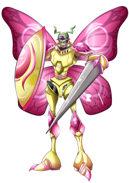 Size: 723x1023 | Tagged: artist:allocen, butterfly wings, crossover, derpibooru import, digimon, dukemon, emperorgallantmon, fluttershy, lance, safe, shield, simple background, transparent background, weapon, wormmon