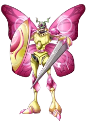 Size: 723x1023 | Tagged: artist:allocen, butterfly wings, crossover, derpibooru import, digimon, dukemon, emperorgallantmon, fluttershy, lance, safe, shield, simple background, transparent background, weapon, wormmon