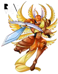 Size: 579x739 | Tagged: safe, artist:allocen, derpibooru import, applejack, patamon, seraph, equestria girls, angemon, armor, armor skirt, clothes, cosplay, costume, crossover, digimon, element of honesty, fusion, genesismon, multiple wings, seraphimon, simple background, skirt, sword, transparent background, weapon