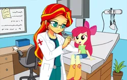 Size: 1523x964 | Tagged: safe, artist:dakari-king-mykan, artist:twilite-sparkleplz, derpibooru import, edit, apple bloom, sunset shimmer, equestria girls, bad edit, boots, check-up, doctor, duo, glasses, shoes, stethoscope, style clash