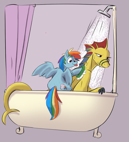 Size: 925x1019 | Tagged: safe, artist:bluedraggy, derpibooru import, rainbow dash, dragon, pegasus, pony, wyvern, adine, angels with scaly wings, bathtub, claw foot bathtub, image, png, scrubbing, shower, shower curtain, soap, sponge, washing, water