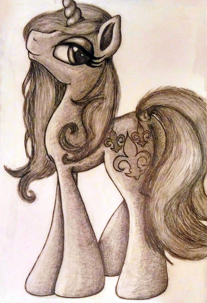 Size: 1626x2381 | Tagged: safe, artist:moonsheid, derpibooru import, fleur-de-lis, pony, unicorn, bedroom eyes, croup, cute, looking back, monochrome, pencil, pencil drawing, simple background, solo, tail, traditional art