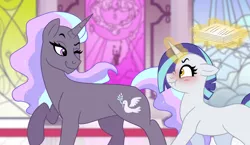 Size: 1024x593 | Tagged: safe, artist:cascayd, derpibooru import, oc, oc:aurora borealis, oc:sunbeam, unofficial characters only, unicorn, looking at each other, offspring, one eye closed, parent:good king sombra, parent:king sombra, parent:princess celestia, parents:celestibra, wink