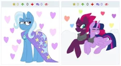 Size: 437x242 | Tagged: safe, artist:thesoupstore, derpibooru import, fizzlepop berrytwist, tempest shadow, trixie, twilight sparkle, twilight sparkle (alicorn), alicorn, derpibooru, my little pony: the movie, eye scar, female, juxtaposition, lesbian, meta, scar, shipping, tempestlight, tempestrix, twixie