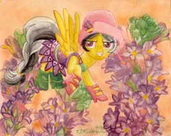 Size: 3375x2668 | Tagged: safe, artist:kelseyleah, derpibooru import, daring do, pegasus, pony, boots, clothes, dress, female, flower, glare, grin, hat, high res, lidded eyes, mare, raised hoof, shoes, smiling, smirk, solo, spread wings, traditional art, tuberose, watercolor painting, wings