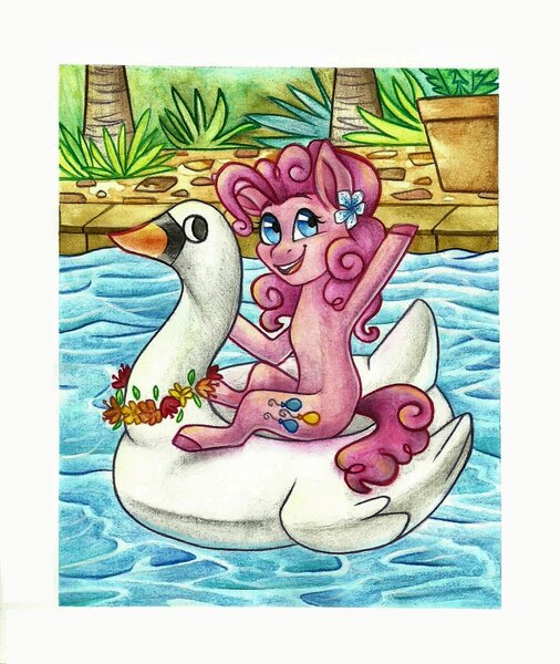 Size: 1024x1214 | Tagged: safe, artist:twixyamber, derpibooru import, pinkie pie, earth pony, pony, cute, diapinkes, female, flower, flower in hair, inflatable, inflatable toy, mare, pool toy, riding, solo, swan boat, swimming pool, traditional art, water