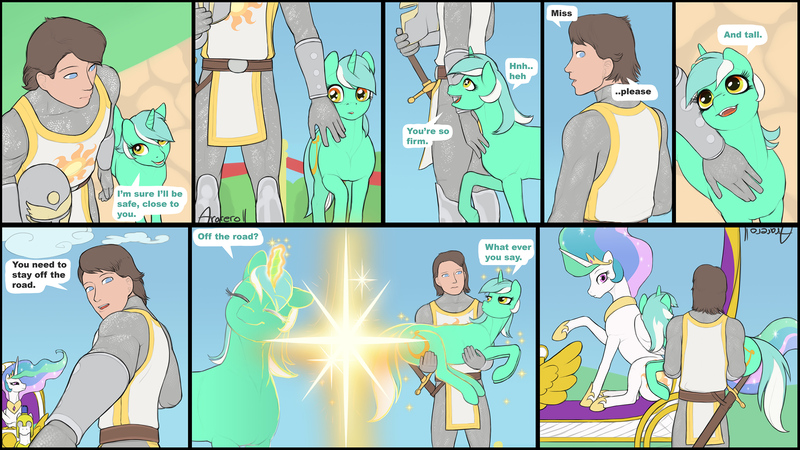 Size: 2560x1440 | Tagged: safe, artist:arareroll, derpibooru import, lyra heartstrings, princess celestia, oc, alicorn, human, pony, unicorn, comic:sun-servant meets crowd, armor, carrying, comic, crown, cute, dialogue, fantasy class, female, flirting, glowing horn, holding a pony, humie, jewelry, knight, l.u.l.s., lyrabetes, magic, male, mare, regalia, speech bubble, sword, teleportation, that pony sure does love humans, warrior, weapon