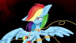 Size: 3309x1861 | Tagged: angry, artist:lixthefork, chains, cuffs, derpibooru import, element of loyalty, rainbow dash, safe, solo