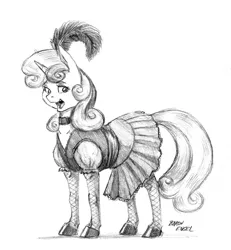 Size: 1100x1192 | Tagged: safe, artist:baron engel, derpibooru import, sweetie belle, pony, unicorn, burlesque, clothes, dress, feather in hair, female, filly, fishnets, grayscale, monochrome, pencil drawing, simple background, sketch, smiling, solo, traditional art, white background