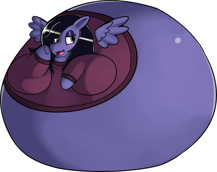 Size: 1458x1156 | Tagged: :3, artist:sweer-tomato, belly, belly bed, blushing, clothes, derpibooru import, female, impossibly large belly, inflation, oc, oc:raven dusk, simple background, solo, solo female, spread wings, suggestive, sweater, transparent background, unofficial characters only, wings