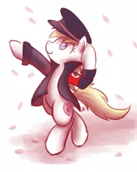 Size: 1024x1280 | Tagged: safe, artist:sugar morning, derpibooru import, oc, oc:aryanne, unofficial characters only, earth pony, pony, armband, aryan, aryan pony, blonde, clothes, cute, female, flower, hat, heil, nazi, nazi armband, nazipone, petals, raised hoof, sakura petals, simple background, sketch, solo, swastika, sweet, walking