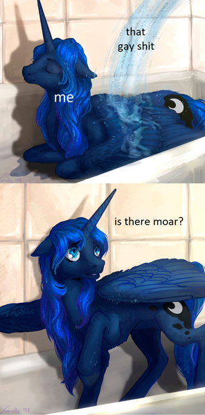 Size: 839x1702 | Tagged: safe, artist:lusille, derpibooru import, edit, princess luna, alicorn, pony, bath, bathroom, bathtub, cute, dialogue, eyes closed, female, floppy ears, mare, meme, metaphor, prone, raised hoof, relaxing, shower, smiling, solo, that gay shit, vulgar, water, wet mane