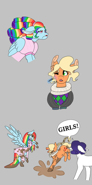 Size: 1000x2000 | Tagged: safe, artist:shortcake1284, derpibooru import, applejack, rainbow dash, rarity, pony, alternate hairstyle, applejack also dresses in style, clothes, dress, forced makeover, gray background, magic, makeover, makeup, mud, rainbow dash always dresses in style, ruff (clothing), simple background