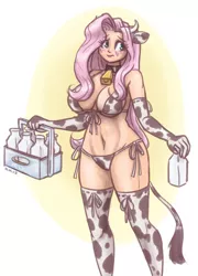 Size: 1000x1389 | Tagged: adorasexy, artist:king-kakapo, bell, belly button, big breasts, bikini, blushing, breasts, busty fluttershy, carton, clothes, cowbell, cow girl, cowprint, cute, derpibooru import, eared humanization, female, fluttercow, fluttermilk, fluttershy, gloves, horned humanization, human, humanized, long gloves, milk, milk bottle, sexy, shy, shyabetes, solo, solo female, spindles' birthday, stockings, suggestive, swimsuit, tailed humanization, thigh highs