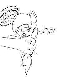 Size: 2831x3684 | Tagged: safe, artist:lofis, derpibooru import, oc, oc:mint chocolate, unofficial characters only, pony, brush, grabbed, hand, holding a pony, monochrome, speech, squeezing, stressed, tiny