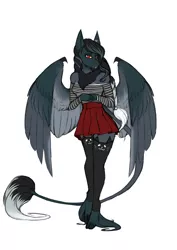 Size: 2150x3035 | Tagged: anthro, anthro oc, artist:theecchiqueen, chest fluff, clothes, cloven hooves, cute, derpibooru import, dewclaw, fangs, female, leonine tail, mare, oc, oc:pandie, off shoulder, pegasus, red eyes, safe, shirt, simple background, skirt, solo, stockings, thigh highs, unguligrade anthro, unofficial characters only, unshorn fetlocks, white background