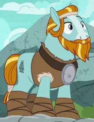 Size: 435x560 | Tagged: safe, derpibooru import, screencap, rockhoof, earth pony, pony, campfire tales, beard, clothes, cropped, facial hair, headband, mighty helm, solo, tail wrap