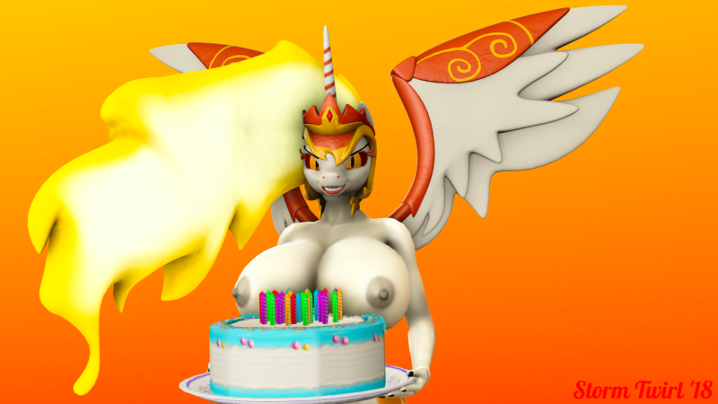 Size: 4000x2250 | Tagged: 3d, alicorn, anthro, artist:stormtwirl, big breasts, birthday cake, birthday gift, breasts, busty daybreaker, cake, daybreaker, derpibooru import, female, food, huge breasts, looking at you, nipples, nudity, questionable, simple background, solo, solo female, source filmmaker, wings