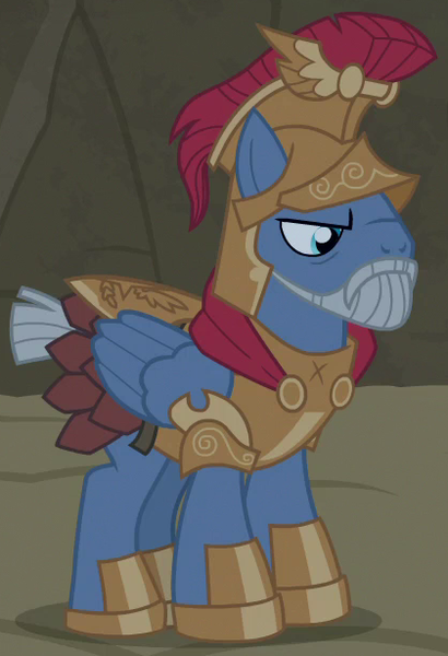 Size: 420x615 | Tagged: safe, derpibooru import, screencap, captain ironhead, pegasus, pony, campfire tales, armor, beard, cropped, cropped tail, facial hair, helmet, solo