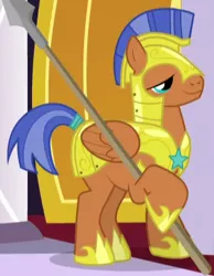Size: 334x430 | Tagged: safe, derpibooru import, screencap, spearhead, pegasus, pony, rarity investigates, armor, cropped, male, royal guard, royal guard armor, solo, spear, stallion, weapon