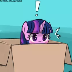 Size: 750x750 | Tagged: safe, artist:lumineko, derpibooru import, twilight sparkle, pony, behaving like a cat, blushing, box, cardboard box, caught, cute, exclamation point, female, lumineko is trying to murder us, mare, metal gear, pony in a box, solo, twiabetes