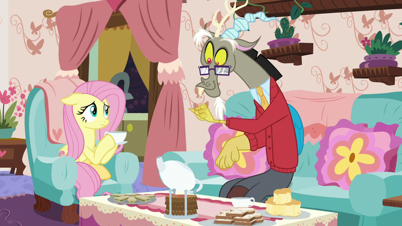 Size: 1280x720 | Tagged: safe, derpibooru import, screencap, discord, fluttershy, draconequus, pony, discordant harmony, clothes, cup, fading, falling, food, glasses, milk toast, sandwich, sweater, teacup, teapot