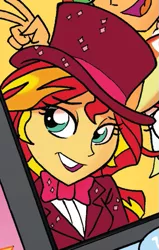 Size: 397x625 | Tagged: safe, artist:tonyfleecs, derpibooru import, sunset shimmer, equestria girls, spoiler:comic, spoiler:comicholiday2014, clothes, cropped, solo, tuxedo