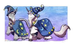 Size: 1024x633 | Tagged: safe, artist:inuhoshi-to-darkpen, derpibooru import, star swirl the bearded, classical unicorn, pony, unicorn, alternate design, beard, clothes, cloven hooves, facial hair, hat, leonine tail, looking at each other, male, self ponidox, stallion, unshorn fetlocks, wizard, wizard hat