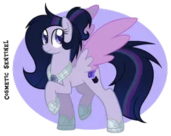 Size: 900x712 | Tagged: safe, artist:spiritualpresence, derpibooru import, oc, oc:cosmetic sentinel, unofficial characters only, pegasus, pony, colored wings, female, mare, offspring, parent:flash sentry, parent:twilight sparkle, parents:flashlight, princess shoes, raised hoof, simple background, solo, transparent background