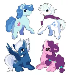 Size: 1364x1506 | Tagged: safe, artist:shinyoko, derpibooru import, double diamond, night glider, party favor, sugar belle, earth pony, pegasus, pony, chest fluff, clothes, cute, cutie mark, equal four, female, looking at you, looking back, male, mare, scarf, simple background, stallion, white background, wings