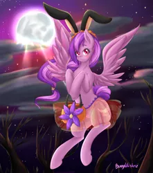 Size: 1024x1156 | Tagged: safe, artist:bunnywhiskerz, derpibooru import, oc, oc:moonlight blossom, unofficial characters only, pegasus, pony, semi-anthro, unguligrade anthro, blushing, bunny ears, clothes, cute, female, halloween, holiday, image, mare, moon, ocbetes, png, see-through, see-through skirt, skirt, solo