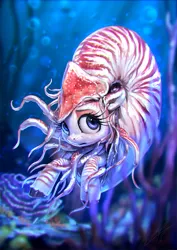 Size: 850x1200 | Tagged: safe, artist:assasinmonkey, derpibooru import, oc, oc:nautila, unofficial characters only, nautilus, nautilus pony, original species, pony, sea pony, bubble, coral, female, mare, shell, solo, tentacles, underwater, water