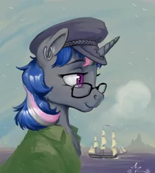 Size: 1200x1333 | Tagged: safe, artist:amarynceus, deleted from derpibooru, derpibooru import, oc, oc:amarynceus, unofficial characters only, pony, unicorn, bust, ear piercing, earring, female, glasses, hat, jewelry, mare, piercing, sailship, ship, smiling, solo, water