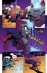 Size: 994x1528 | Tagged: safe, artist:andypriceart, derpibooru import, idw, grubber, tempest shadow, pony, unicorn, my little pony: the movie, spoiler:comic, spoiler:comic mlp movie prequel, broken horn, cloak, clothes, comic, eye scar, female, magic, mare, misfortune malachite, my little pony: the movie prequel, official comic, preview, scar, sparking horn, spear, speech bubble, storm guard, weapon