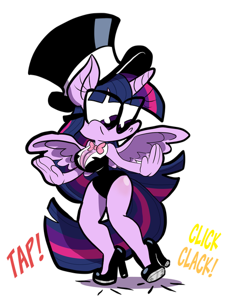 Size: 1397x1869 | Tagged: alicorn, anthro, artist:joeywaggoner, breasts, busty twilight sparkle, cleavage, clothes, dancing, derpibooru import, female, glasses, hat, high heels, leotard, safe, shoes, solo, tap dancing, top hat, twilight sparkle, twilight sparkle (alicorn)