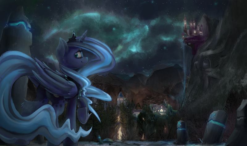 Size: 3000x1772 | Tagged: safe, artist:blvckmagic, derpibooru import, princess luna, alicorn, pony, aurora borealis, canterlot, cute, female, forest, leg fluff, looking at you, looking back, lunabetes, mare, mountain, night, raised hoof, runes, scenery, scenery porn, sky, smiling, solo, stars, town, underhoof, wallpaper, waterfall