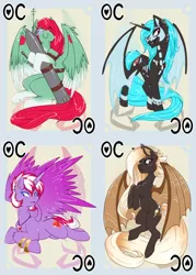 Size: 744x1038 | Tagged: safe, artist:bluekite-falls, artist:sky-railroad, derpibooru import, oc, oc:lux arcana, oc:magic meat, oc:midnight delight, oc:shooting star (skygunner), ponified, alicorn, bat pony, pegasus, pony, alicorn oc, card game, colored wings, game, gradient hooves, gradient wings, jewelry, long mane, prance card game