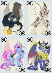 Size: 744x1038 | Tagged: safe, artist:bluekite-falls, artist:sky-railroad, derpibooru import, oc, oc:astrall, oc:bubblegun, oc:cotton tale, oc:nightlight, unofficial characters only, bat pony, dragon, earth pony, pegasus, pony, armor, card game, clothes, colored wings, cowboy hat, ethereal mane, gradient wings, hat, horseshoes, lantern, long mane, long tail, looking at you, looking away, prance card game, sparkles, starry mane, vest
