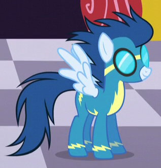 Size: 317x331 | Tagged: safe, derpibooru import, screencap, blue blazes, pony, rarity investigates, background pony, clothes, cropped, female, goggles, mare, smiling, solo, uniform, wonderbolts, wonderbolts uniform