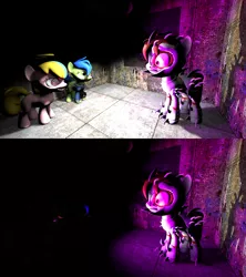 Size: 1920x2160 | Tagged: 3d, armor, artist:wiimeiser, canterlot ghoul, dark, dark room, derpibooru import, fallout equestria, fallout equestria: pink eyes, fallout equestria: project horizons, female, filly, ghost, glowing eyes, halo, nightmare fuel, oc, oc:puppysmiles, oc:rampage, oc:scotch tape, pink eyes, pipbuck, safe, scared, source filmmaker, unofficial characters only