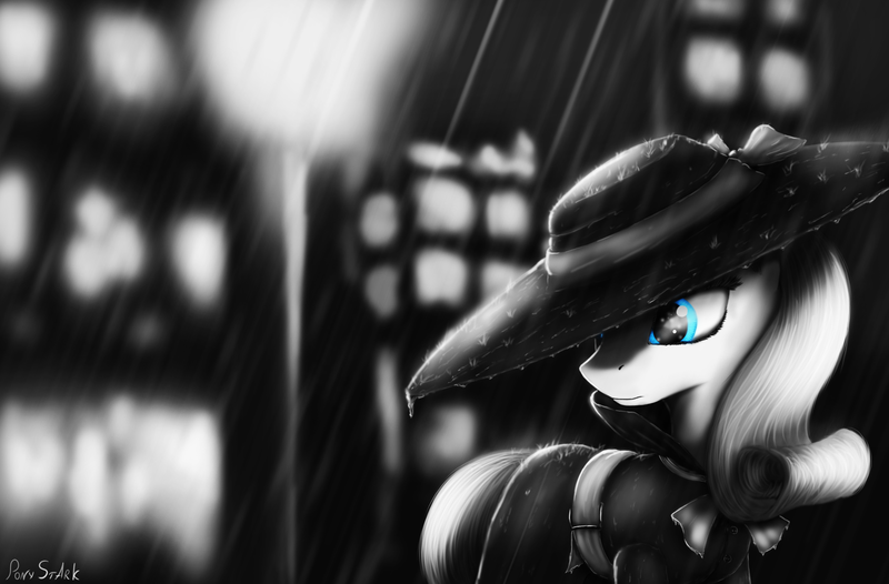 Size: 3500x2300 | Tagged: artist:pony-stark, blue eyes, city, derpibooru import, detective, detective rarity, hat, monochrome, noir, rarity, safe, solo, streetlight