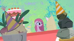Size: 845x473 | Tagged: safe, derpibooru import, screencap, madame le flour, mr. turnip, pinkie pie, rocky, sir lintsalot, earth pony, pony, party of one, abstract background, female, hat, mare, party hat, pinkamena diane pie, rock, turnip
