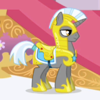 Size: 200x200 | Tagged: safe, derpibooru import, screencap, pony, unicorn, armor, cropped, helmet, hoof shoes, intro, lidded eyes, male, opening, picture for breezies, royal guard, royal guard armor, saddle, solo, stallion, tack, tail wrap, theme song
